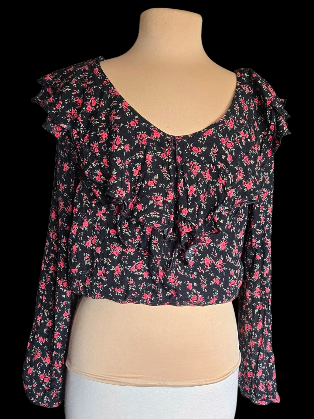 Forever 21 Black Blouse with Pink Floral Ruffles Sz L